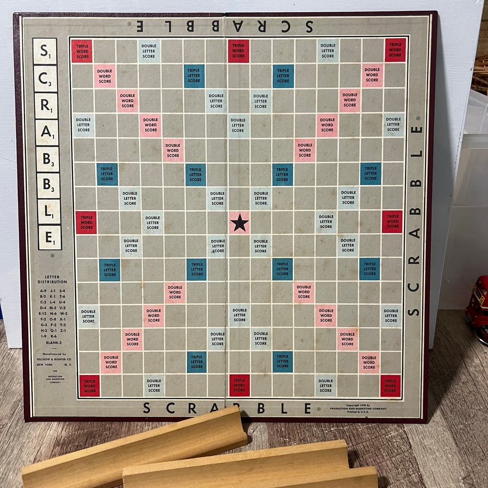 Vintage 1953 Scrabble Board Game Selchow & Righter Wood Maroon Board all tiles